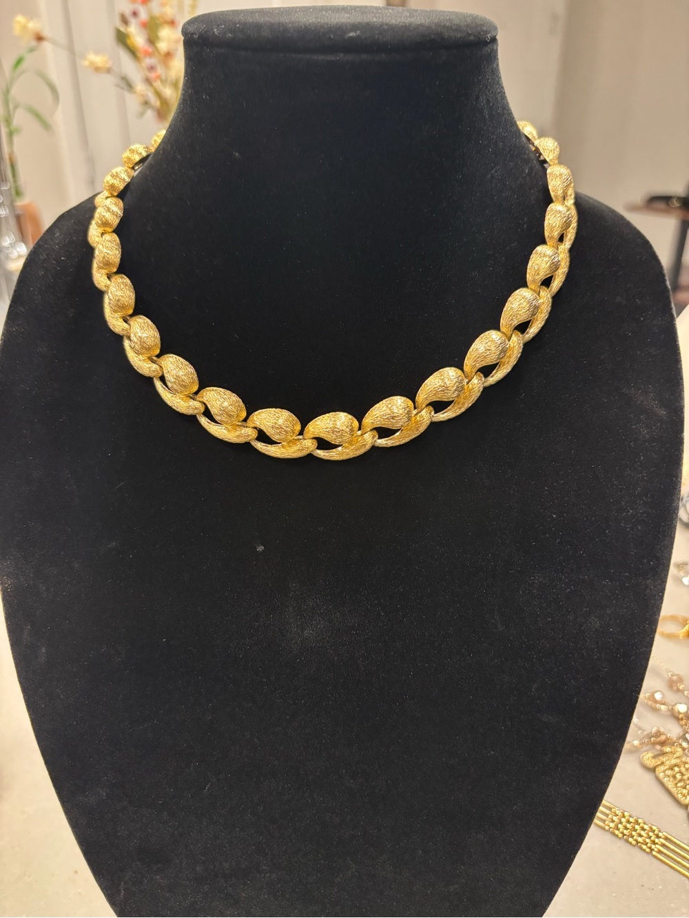 Bold Textured Gold Link High Collar Necklace, Made in Korea Vintage